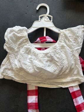 White Eyelet Puff Sleeve Crop Top with Red Gingham Tie